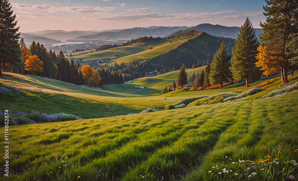 Aufkleber grassy field with a few trees in the background. the grass is green and the sky is blue