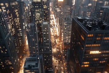 Obraz premium City skyline at night with illuminated buildings and bustling streets filled with vehicles and lights