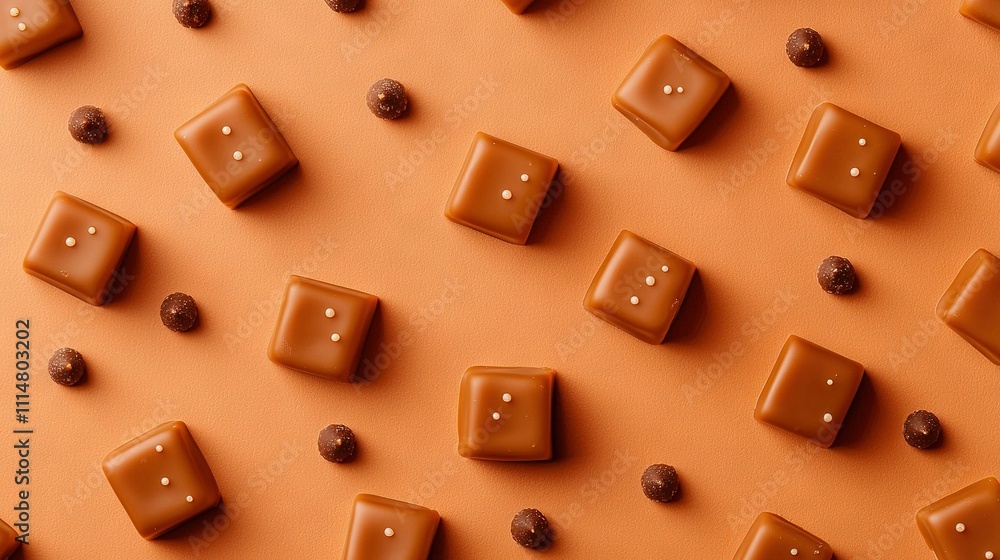 Poster a cluster of chocolate blocks resting atop an orange backdrop and adorned with chocolate bits