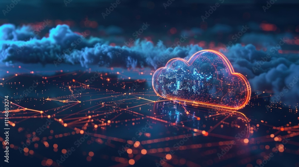Poster digital cloud computing concept with glowing connections, surrounded by clouds in a futuristic setti