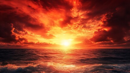 Obraz premium Fiery sunset over a dramatic ocean scene with dark, red clouds and waves.