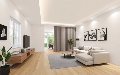 Modern minimalist living room featuring a beige sofa gray rug and light wood floors.  Stylish...