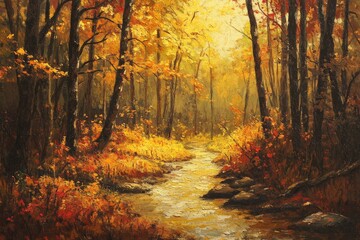 Fototapeta premium Autumn forest with a winding stream at sunset. Generative AI