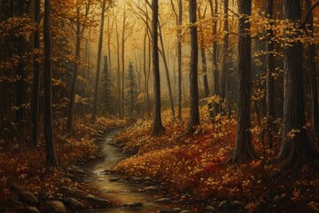 Obraz premium Quiet stream flowing through a golden autumn forest. Generative AI