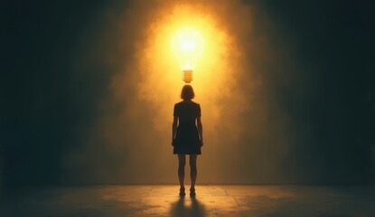 Obraz premium woman standing in front of a light bulb in the dark