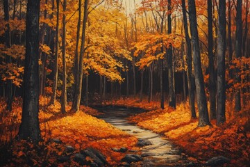 Fototapeta premium Autumn leaves create a stunning display along a serene stream