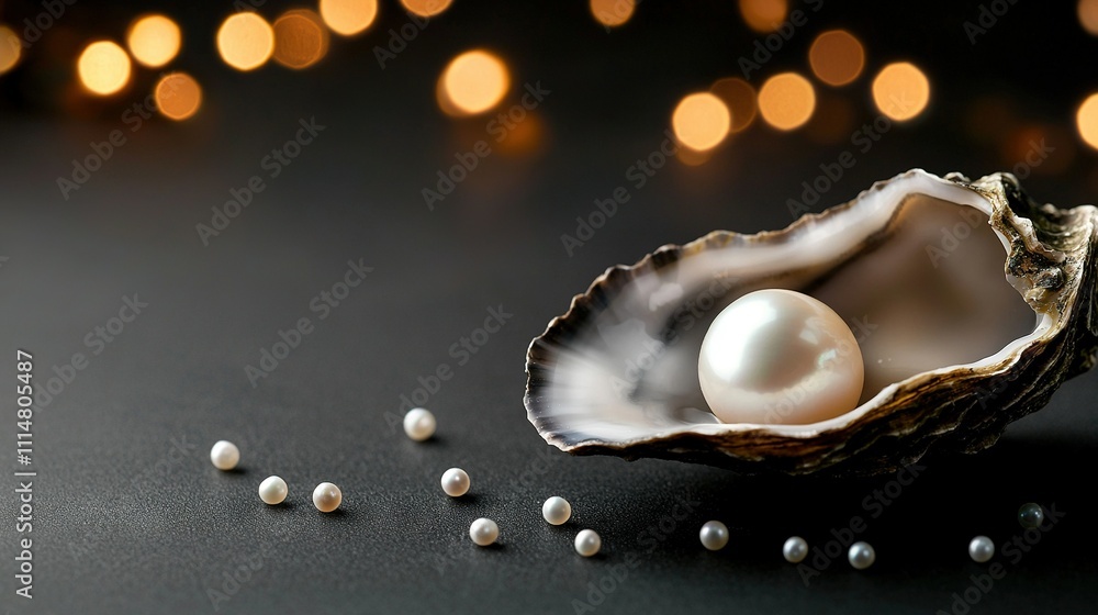 Poster a high-resolution image of a luminous pearl nestled within a shell, illuminated against a dark backd