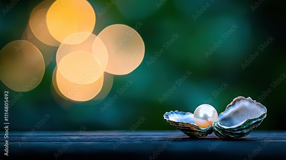 Aufkleber close-up of shell on table with bright bokeh lights in background and softly blurred bokeh lights in