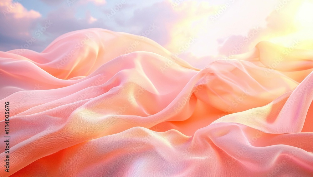 Poster soft flowing pink fabric draped elegantly, creating a dreamy and ethereal atmosphere under gentle su