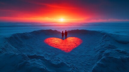 Fototapeta premium A couple stands on a sandy beach, surrounded by a heart-shaped design made from sand, symbolizing love and connection on Valentine's Day.