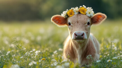 Naklejka premium photo illustration of cute cow with flower crown on head against green meadow background, farm, domestic animal, cattle, heifer, calf, nature, farming, livestock