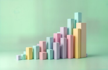 Colorful 3D bar chart displays upward trend. Pastel colors create visually appealing growth graphic. Modern business investment concept. Abstract design with vibrant colors. Suitable for templates,