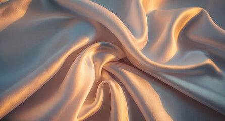 Obraz premium Background with the effect of crumpled white or beige silk fabric, bed linen or sheet in the rays of the morning sun taking up the entire frame. Soft satin fabric with gentle folds. Top view