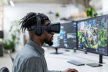 Man in VR headset explores virtual cityscape at workstation