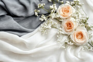 Obraz premium Three elegant roses are artfully arranged on a soft white sheet, complemented by delicate baby's breath, creating a romantic Valentine's Day setting.