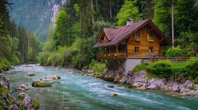 Wooden house by the calm river in a lush green rainforest environment
looping 4k time-lapse virtual video animation Generated AI