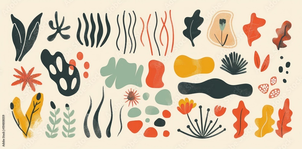 Poster colorful abstract shapes and leaves pattern on a light background, perfect for creative projects and
