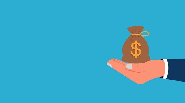 Footage of animation of doing business, investment, income, concept of hands playing with a sack filled with money as a symbol of business profits
