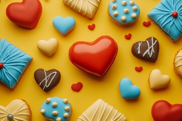 Fototapeta premium A vibrant yellow backdrop features an array of heart-shaped cookies, perfect for celebrating love on Valentine's Day.