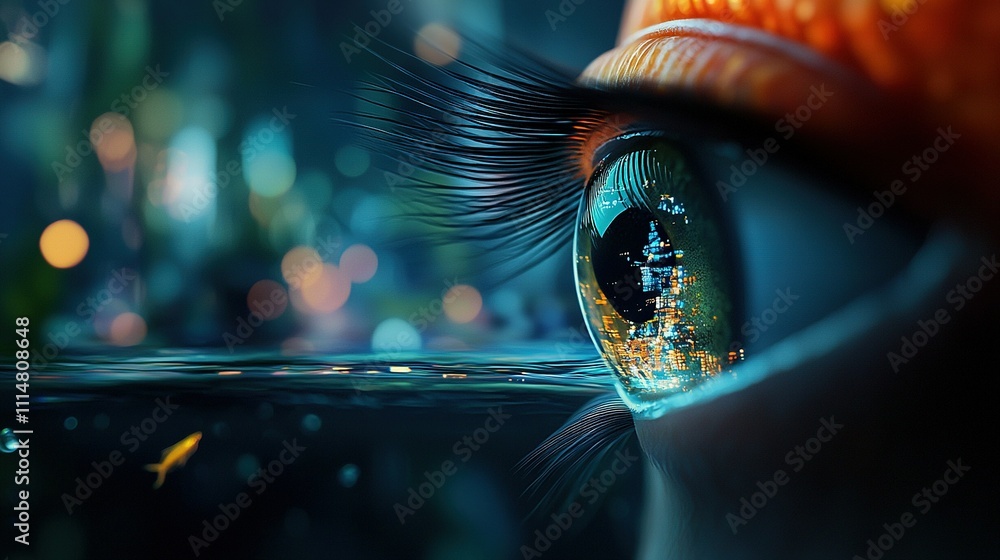 Poster a close-up of a person's eye with the reflection of a city in the eye is already well-written and do