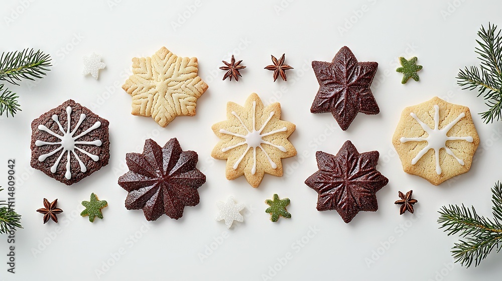 Poster a group of cookies resting on a table beside a pine branch and pinecone adorned with snowflakes