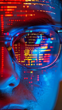 Binary Computer code on programmer eyeglasses Cyber Information Digital Software Security Technology Dark lighting