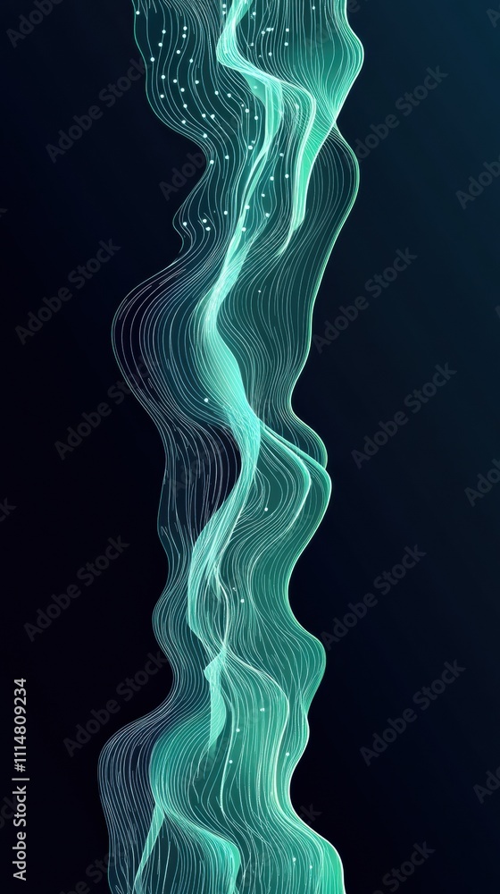Poster flowing teal lines create an abstract, dynamic wave pattern on a dark background, ai