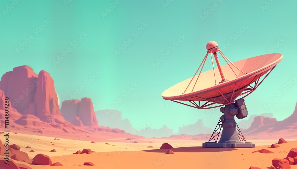 Poster futuristic satellite dish antenna stands in desert landscape. vast sky above desert terrain with red