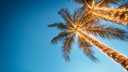 Cozy tropical Christmas scene with palm trees in LED and garland lights, softly glowing coconuts, set against a calm, deep blue sky