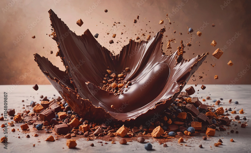Poster chocolate explosion with chocolate and other ingredients scattered around. the chocolate is in the s