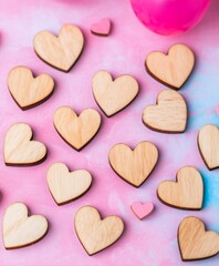 Obraz premium A collection of vibrant hearts is spread across a soft pink surface, accompanied by a cheerful pink balloon, evoking a romantic Valentine's Day atmosphere.