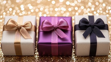 Fototapeta premium colorful gift box with ribbon, sparkling bokeh background, birthday or holiday card concept, digital art, isolated on white background