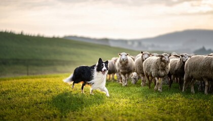 Obraz premium A border collie herding sheep on a vast green pasture.