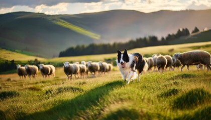 Obraz premium A border collie herding sheep on a vast green pasture.