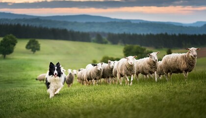 Obraz premium A border collie herding sheep on a vast green pasture.