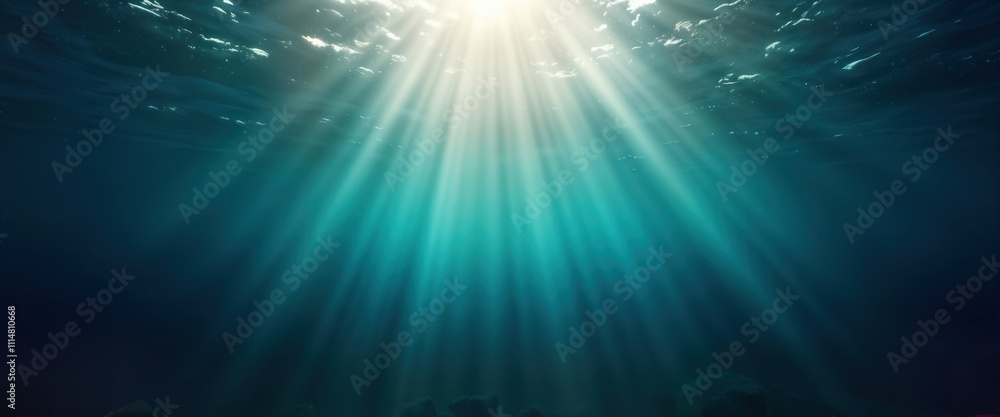 Poster tranquil underwater scene. sunlight shines through water surface creating shimmery light rays. seren