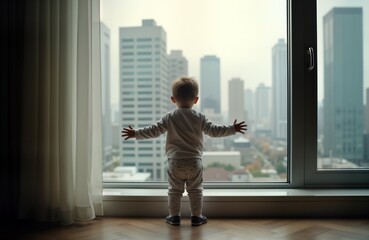 Fototapeta premium Toddler stands by window looking at city. Child explores urban landscape. Arms outstretched. Daytime scene inside home. Interior shot. Small boy. Urban cityscape. Beautiful city view. Kids. Window