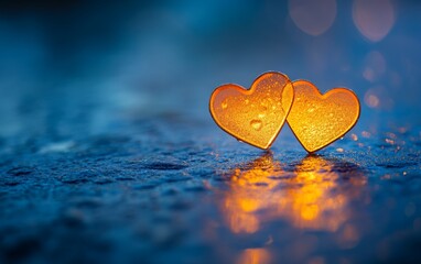 Fototapeta premium Two vibrant hearts rest on the ground, symbolizing love and affection, perfect for capturing the essence of Valentine's Day celebrations.