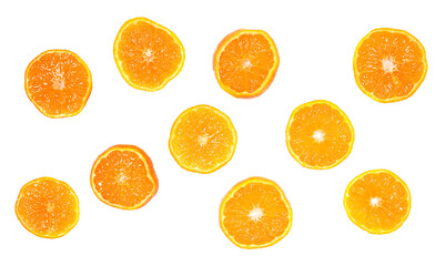Clementine slices set isolated on white, top view