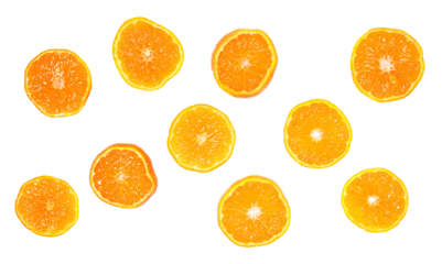 Clementine slices set isolated on white, top view