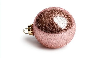 Rose gold Christmas ornament with a glittery finish, macro view against a white background, luxurious and modern holiday decor