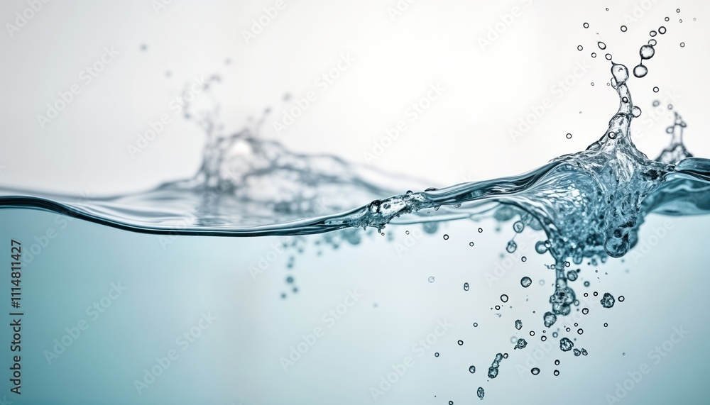Poster close-up view of water splash. water motion forms ripples and bubbles. clear blue water. fresh and c
