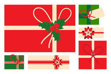 Festive arrangement of Christmas gift boxes in red, green, and cream colors, decorated with bows, holly leaves, berries, and candy canes. Each gift box features unique designs, including ribbons. Card