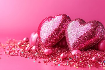 Fototapeta premium Two pink hearts rest atop a sparkling pile of pink glitter, embodying the spirit of love and celebration for Valentine's Day.