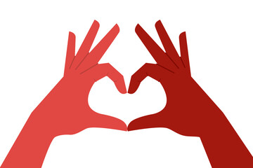 Vector illustration of two brown, back, Latino, white hands forming a heart shape. Colorful concept illustration on isolated background. Perfect minimal design for card, post, social media, banner