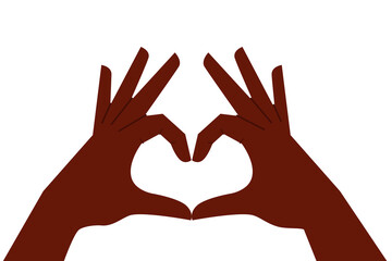 Minimal illustration of two brown, black hands forming a heart shape. This image symbolizes love, connection, and unity in a modern style, suitable for themes like relationships, kindness, community