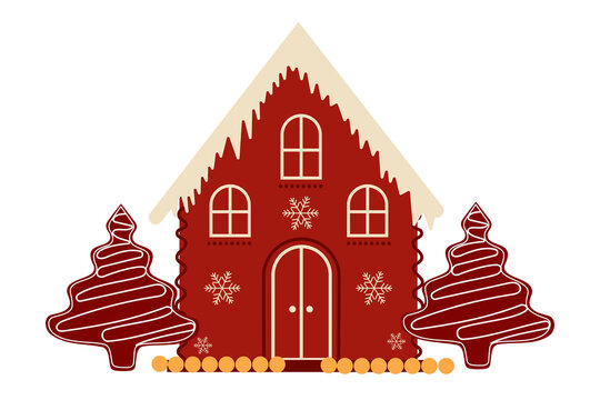 Gingerbread house and two pin trees. Minimal illustration concept on Christmas baking ideas. Perfect for Christmas and holiday-themed designs. Isolated background. Card, article, social media post