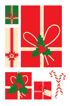 Festive arrangement of Christmas gift boxes in red, green, and cream colors, decorated with bows, holly leaves, berries, and candy canes. Vertical layout, isolated background. Colorful minimal design
