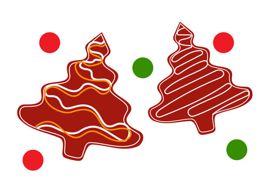 Two gingerbread trees with decorations. Fun, colorful and minimal vector illustration on isolated background. Perfect for seasonal themes, Christmas cards, Christmas designs or festive advertising. 