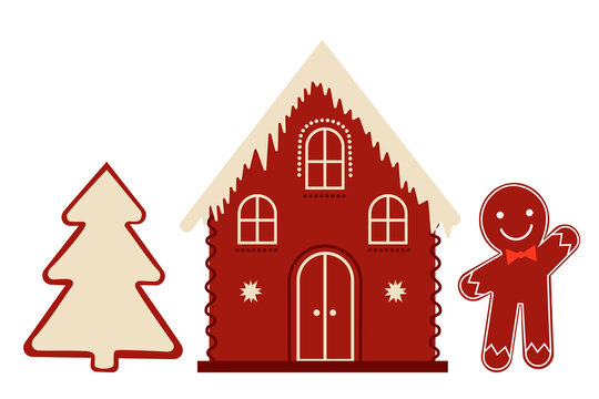 Gingerbread man, house and tree. Fun, minimal illustration concept on Christmas baking ideas. Perfect for Christmas and holiday-themed designs. Isolated background. Card, article, social media post